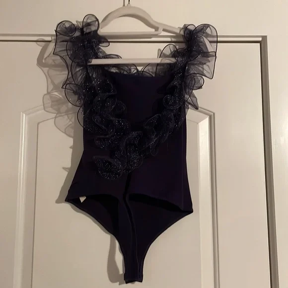 Free People Glitter Ruffle Navy Blue Top - Picture 5 of 5